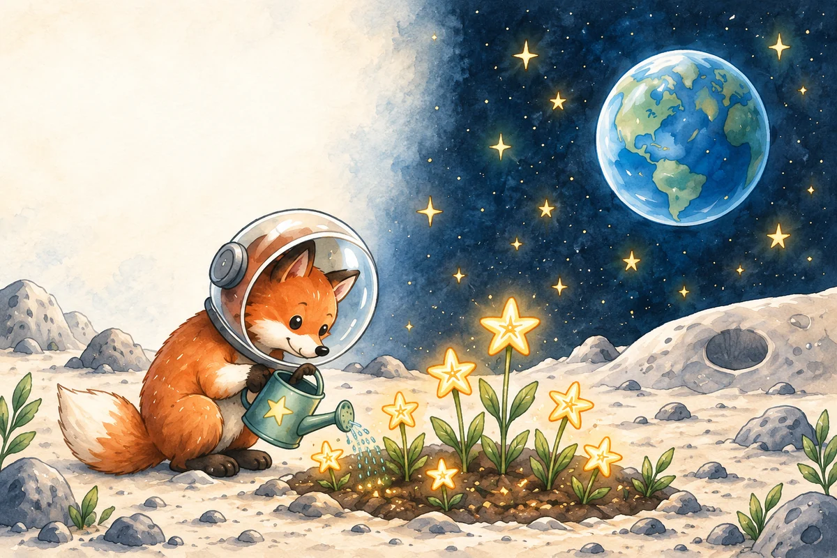 A little fox in a space helmet waters a garden of star-shaped flowers on the moon.